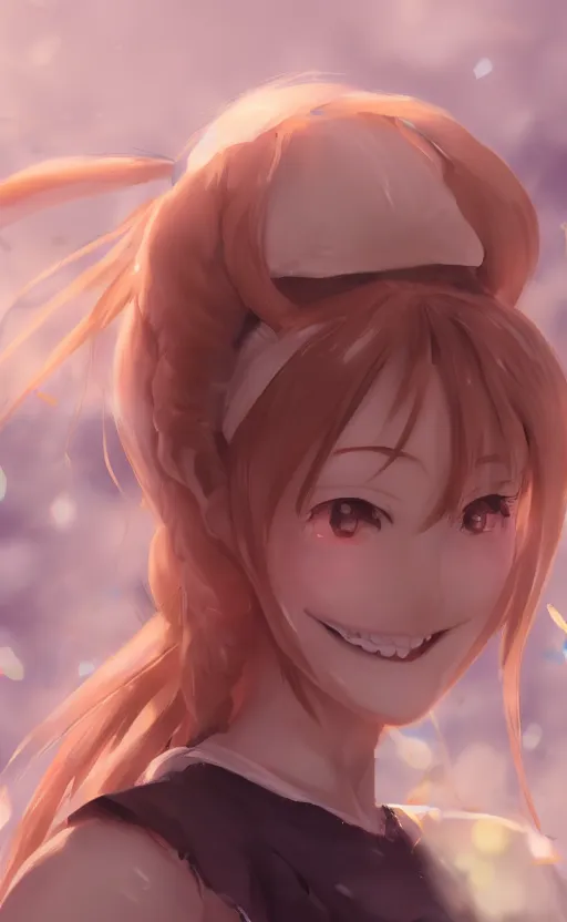 Prompt: anime girl with ponytail smiling at the camera with closed eyes, WLOP, concept art, digital painting, trending on artstation, highly detailed, epic composition, 8k UHD