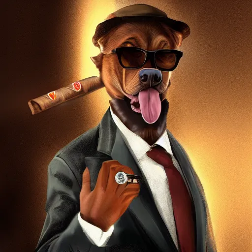 Image similar to a dog wearing a business suit smoking a cigar, dramatic lighting, cinematic, establishing shot, extremly high detail, photorealistic, cinematic lighting, concept art, artstation, style by greg rutkowsky