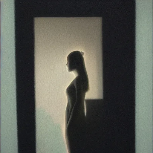 Prompt: silhouette of a Elle Fanning gazing in a mirror, pitch black room, extremely detailed masterpiece, oil on canvas, low-key neon lighting, artstation, Blade Runner 2049, Roger Deakin’s cinematography, by Julia Vormeer,