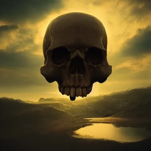 Image similar to Skull head floating in beautiful light landscape in the style of Mingchen Shen , intricate, epic lighting, cinematic composition, hyper realistic, 8k resolution,