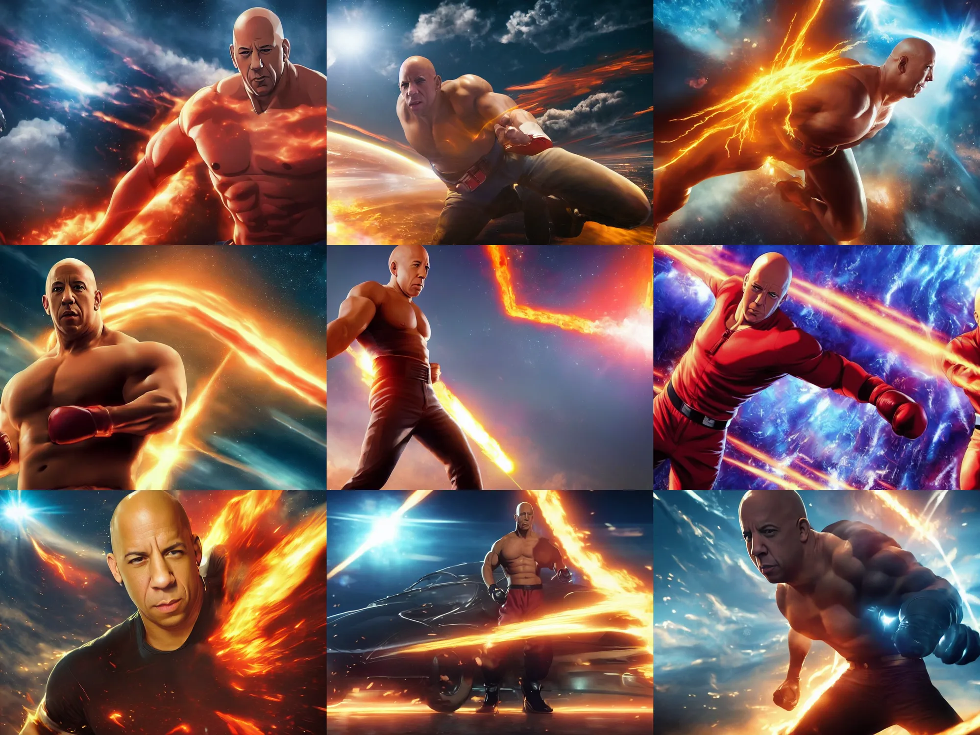 Prompt: extreme wide shot of vin diesel as saitama!!! punching!!! a car!!!!!! into space, ultra realistic, lens flare, atmosphere, glow, detailed, intricate, full of colour, cinematic lighting, trending on artstation, 4 k, hyperrealistic, focused, extreme details, unreal engine 5, cinematic, masterpiece