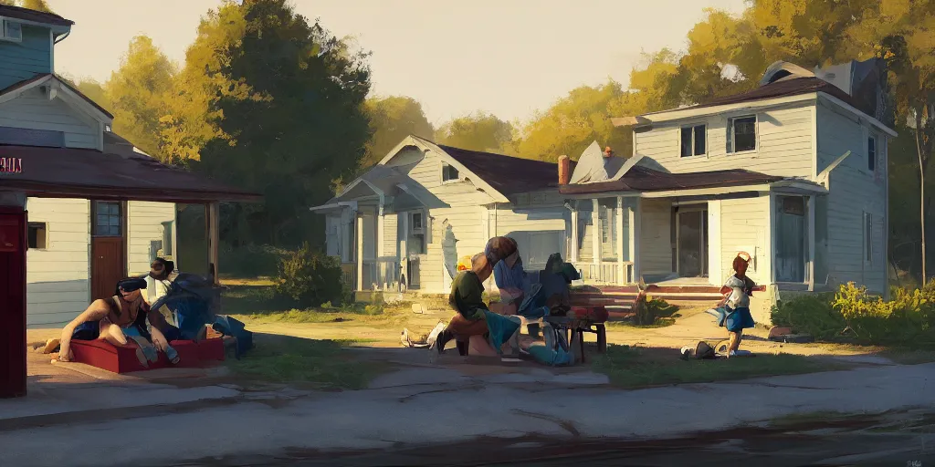 Image similar to empty house with owned by bank sign and homeless family sqatting outside in a tent on curb in a city by Craig Mullins, ilya kuvshinov, krenz cushart, artgerm trending on artstation by Edward Hopper and Dan Mumford and WLOP and Rutkovsky, Unreal Engine 5, Lumen, Nanite