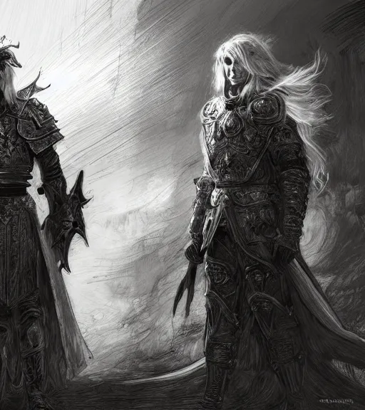 Prompt: portrait of long hair blond man in armor with another man with long blong hair tyed up with black robes, pen and ink, intricate line drawings, by craig mullins, ruan jia, kentaro miura, greg rutkowski, loundraw