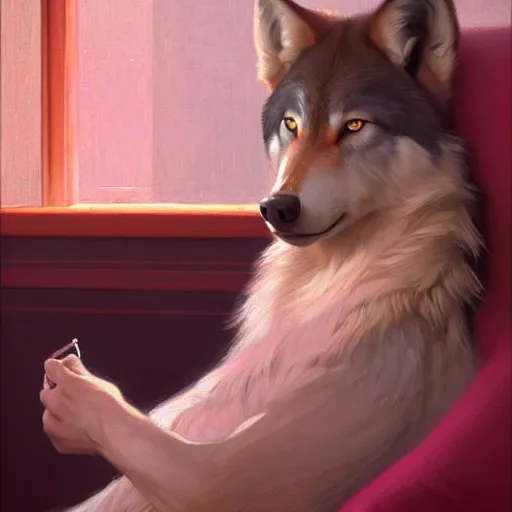 Image similar to painted portrait of realistic wolf wearing pink shirt ans smoking, intricate, digital painting, artstation, concept art, smooth, sharp focus, illustration, art by jean giraud, edward hopper, gaston bussiere and greg rutkowski