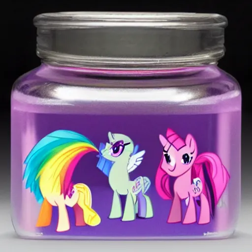 Image similar to a my little pony figure in a jar covered in a mysterious sticky yellowish fluid