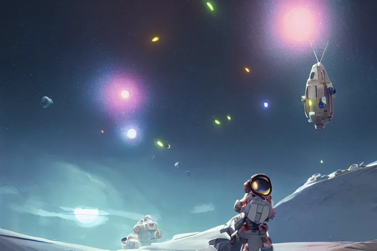 Image similar to astroneer chasing a distant spaceship Anime, wide angle, fine details, cinematic. galaxy starscape. realistic shaded lighting by Ilya Kuvshinov Giuseppe Dangelico Pino and Michael Garmash and Rob Rey greg rutkowski, octane render, IAMAG premiere, aaaa achievement collection, elegant freckles, cinematic hologram, fabulous, daily deviation, annual award winner