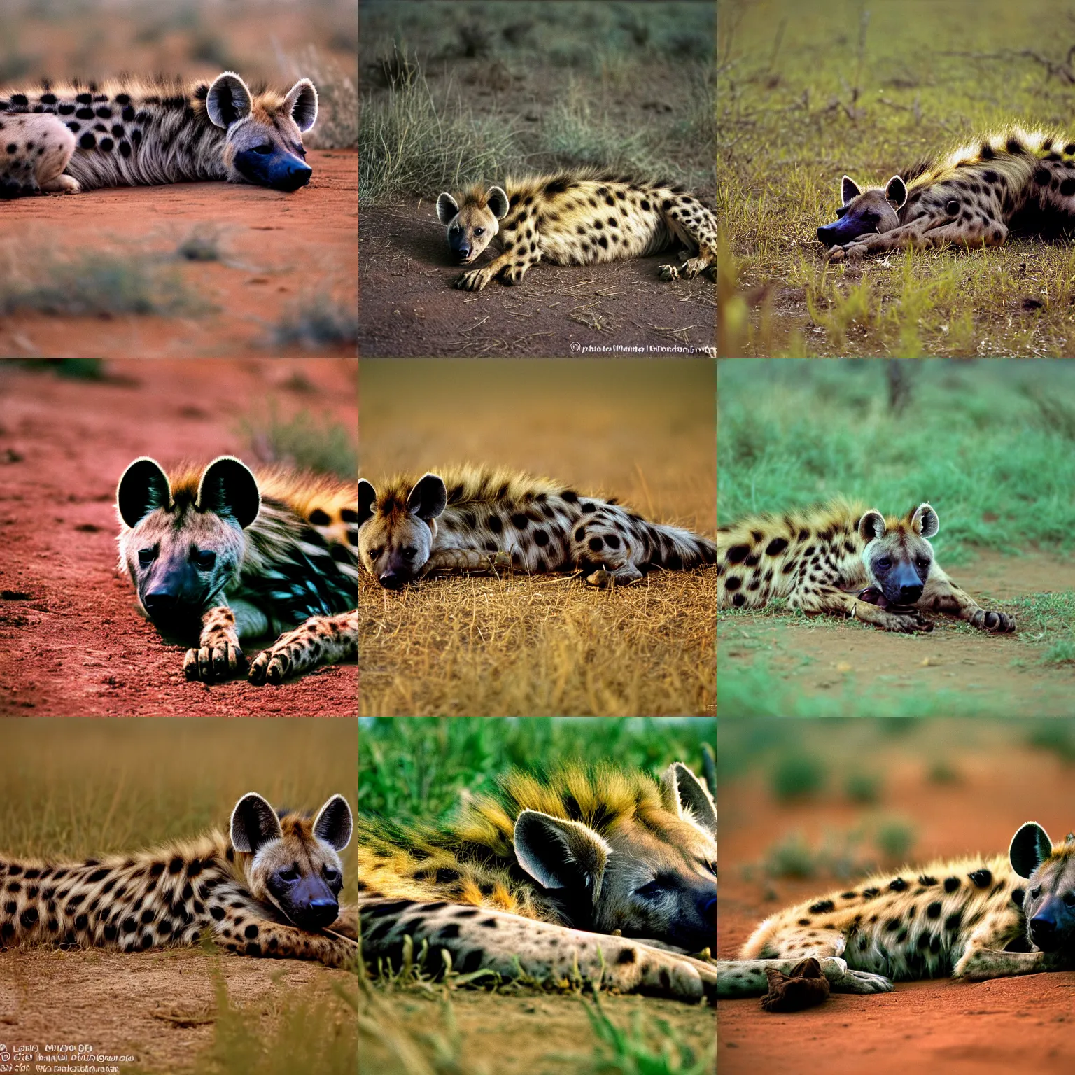 Prompt: 3 5 mm photograph of a hyena sleeping in the savannah, color film, 4 k, depth of field, national geographic, nature