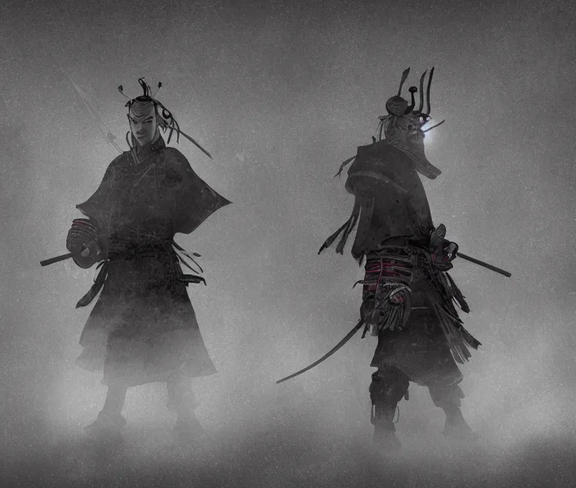 Image similar to '2d design graphic a samurai in the night ,big white moon background , gloomy and foggy atmosphere, octane render, horror scene, highly detailded , black and white ink '