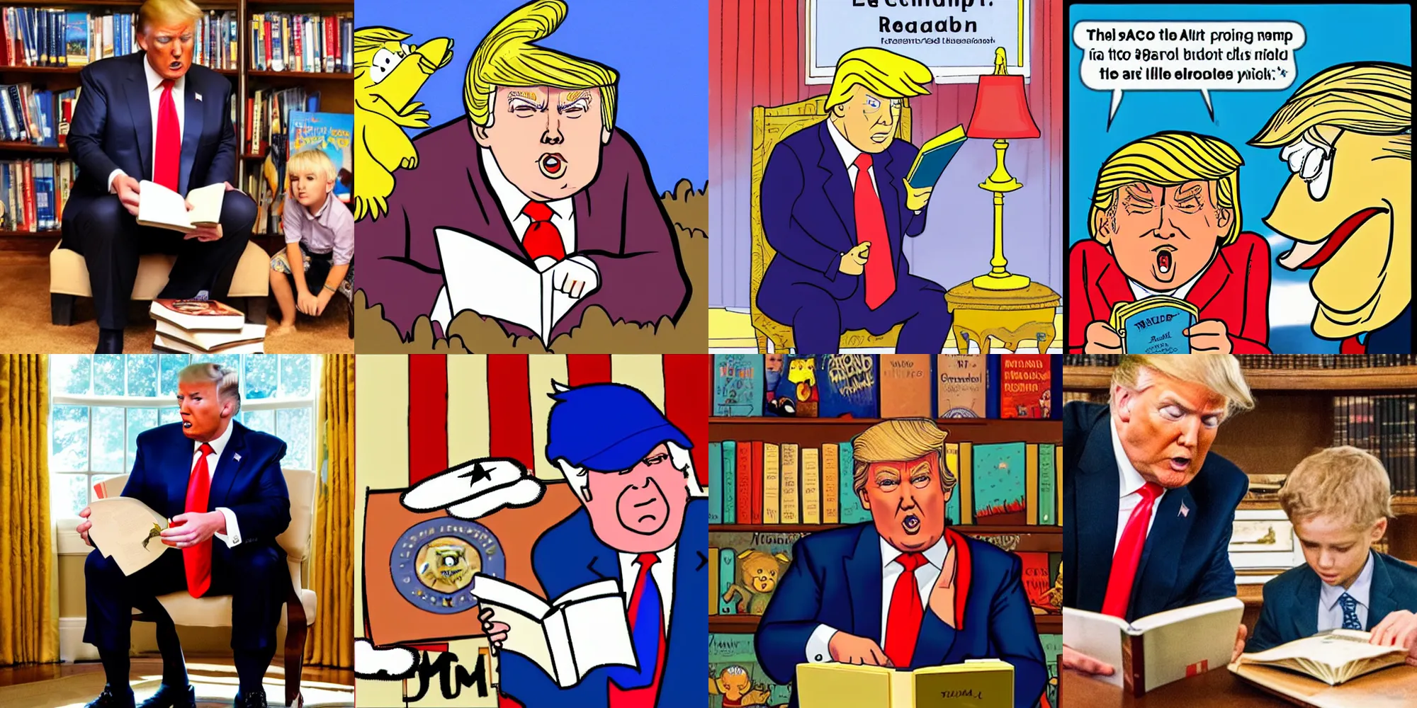 Prompt: donald trump reading a childrens book