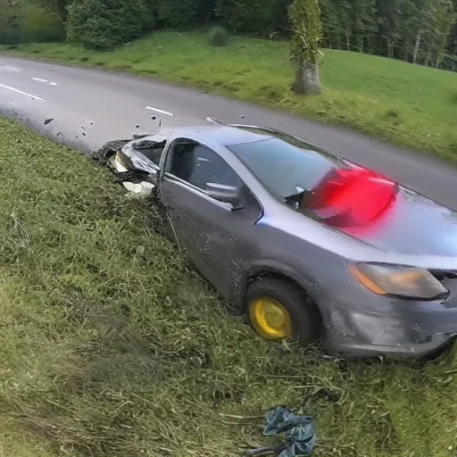 Prompt: dashcam footage of driver’s car crashing into shrek