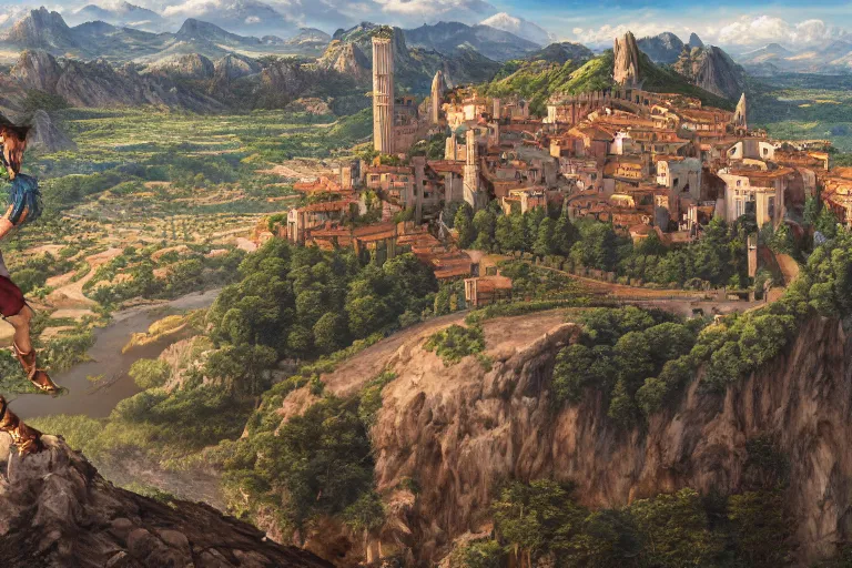 Image similar to an ultra detailed matte landscape painting of an extremely tall and strong young man with short brown hair standing on a cliff overlooking a medieval capital built on top of many hills, italian renaissance architecture, ultrawide lense, aerial photography, 8 k, volumetric lighting, smooth, highly detailed, digital illustration, art by kentaro miura and akira toriyama and artgerm