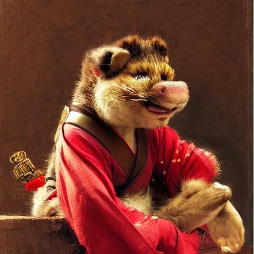 Image similar to a portrait of a splinter hamato yoshi wearing a red kimono, hairy, feet, tail. highly detailed painting by gaston bussiere, craig mullins, j. c. leyendecker, furry