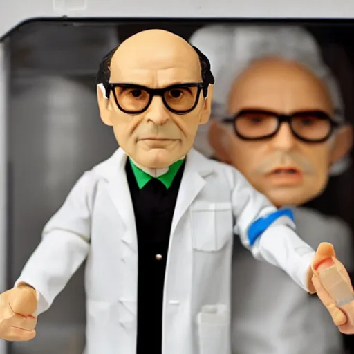 Image similar to albert hofmann wearing a lab coat in his laboratory, stop motion vinyl action figure, plastic, toy, butcher billy style