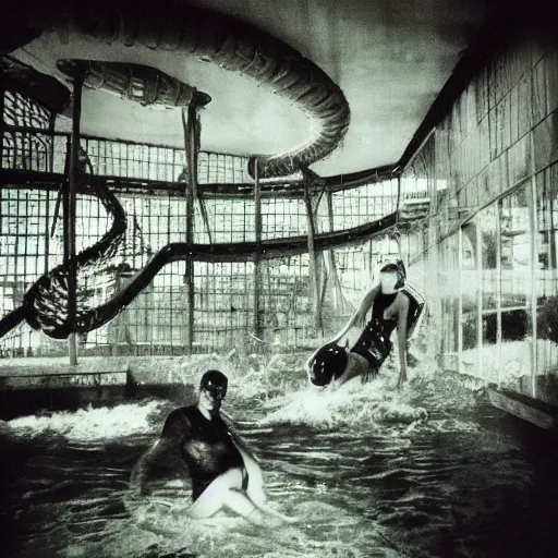 Image similar to abandoned indoor water park with strange creatures lurking, polaroid photo