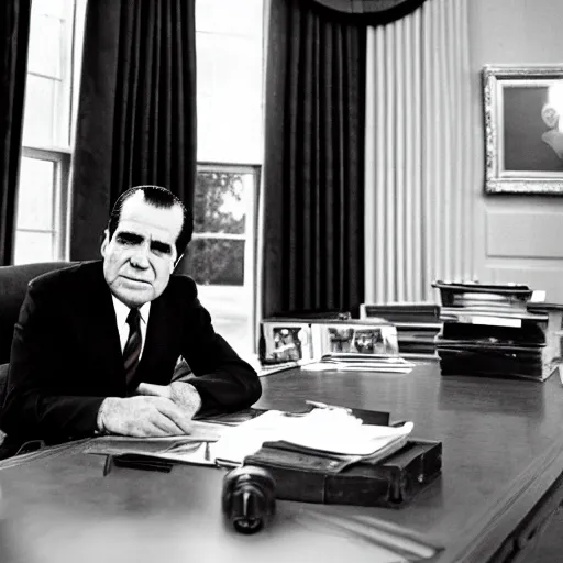 Image similar to Richard Nixon drunk in the oval office, photo