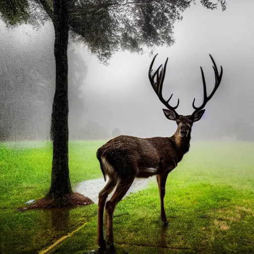 Image similar to 4 k hdr wide angle detailed portrait of a deer soaking wet standing in the rain showers during a storm with thunder clouds overhead and moody stormy lighting sony a 7