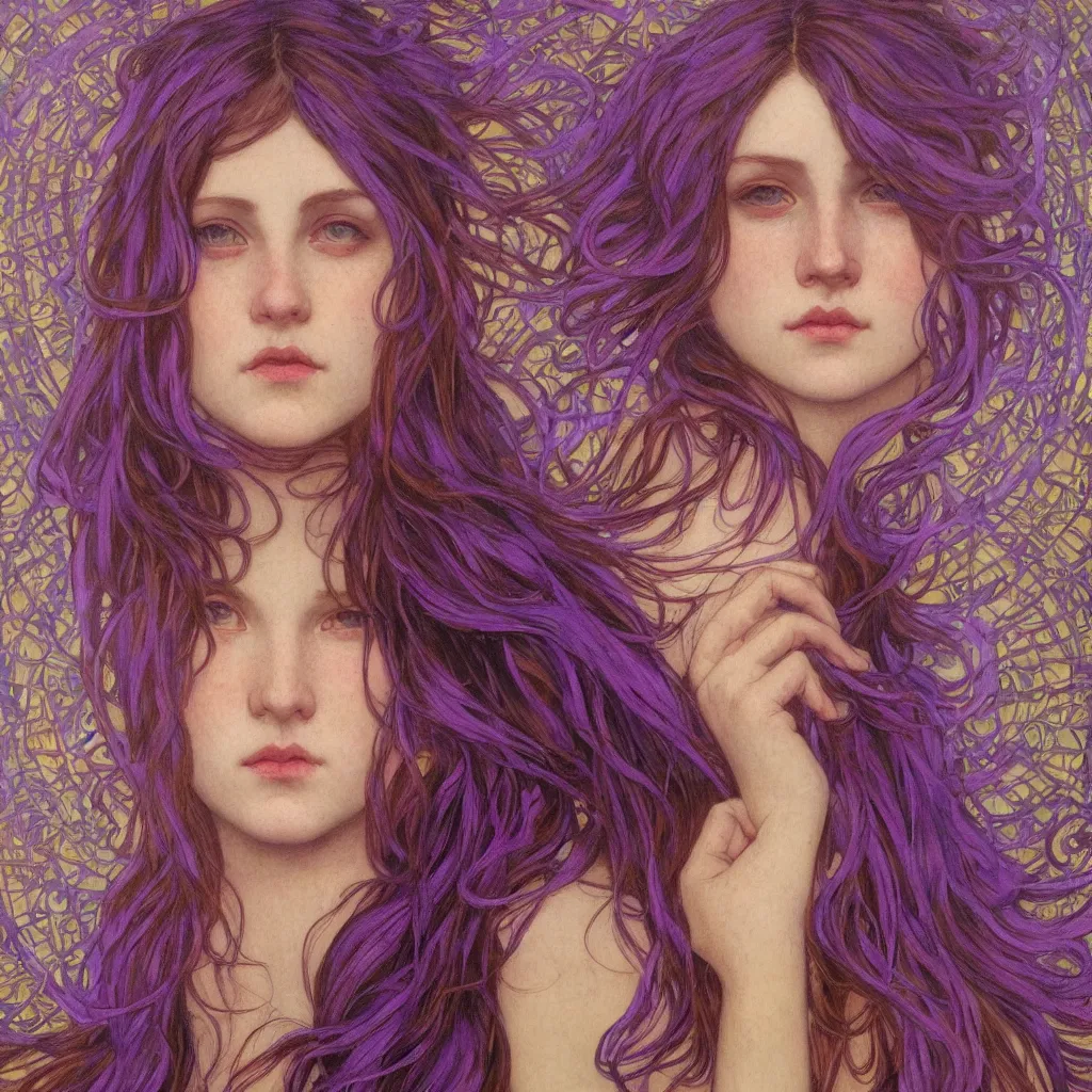 Prompt: purple, character portrait of purple energy, by waterhouse, by mucha, lean face, symmetrical face, face symmetry, cinematic lighting, beautiful, elegant, oil painting, cinematic, portrait, raphaelite, trending on artstation, intricate background, concept art