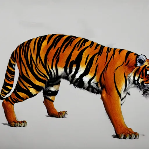 Image similar to concept art of anthropomorphized tiger, highly detailed painting by dustin nguyen, akihiko yoshida, greg tocchini, 4 k, trending on artstation, 8 k