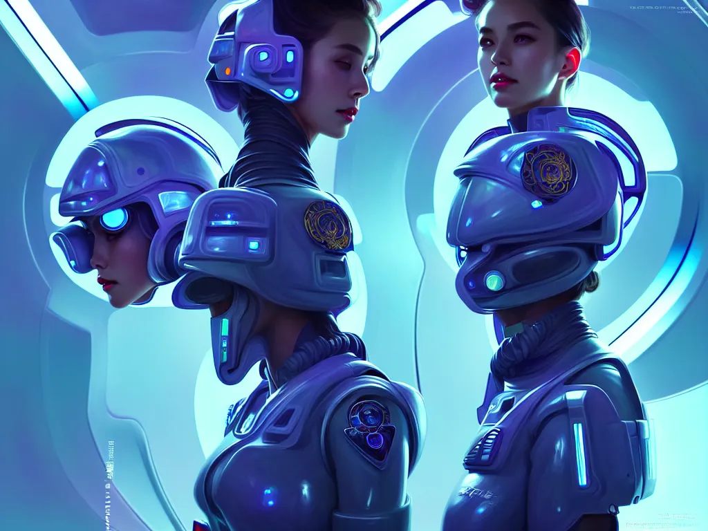 Image similar to portrait futuristic planet earth police uniform female, in a future huge spaceship internal, neon light, ssci - fi and fantasy, intricate and very very beautiful and elegant, highly detailed, digital painting, artstation, concept art, smooth and sharp focus, illustration, art by tan zi and ayanamikodon and alphonse mucha and wlop