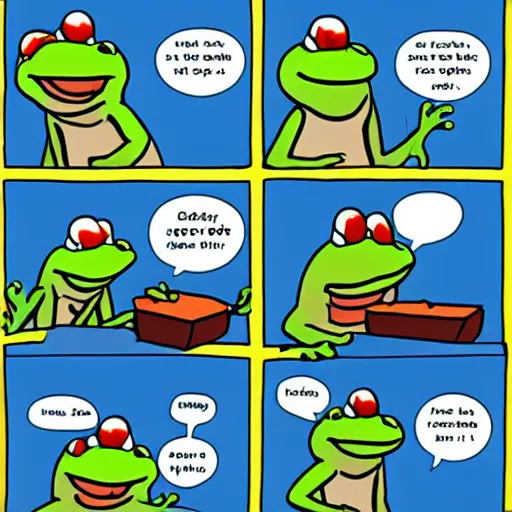 Prompt: a four panel comic about a talkative frog