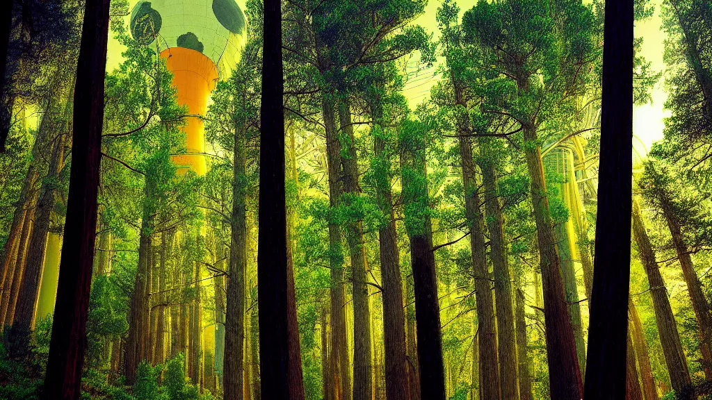 Image similar to Clean, Cheap Abundant,Nuclear Energy Future, Forest in Harmony with Nature; Location: San Francisco, California; retronatural-futurism; by Neil Burnell and Joseph Selle