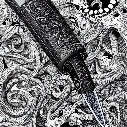 Prompt: a photo of an ink pen that is also knife by joe fenton