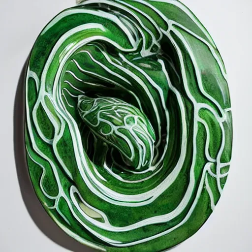 Image similar to a ceramic sculpture of some kind of plant in a glazed surreal abstract serpent frame with a white wall behind it and swirling green plants in the center by cleo sjolander