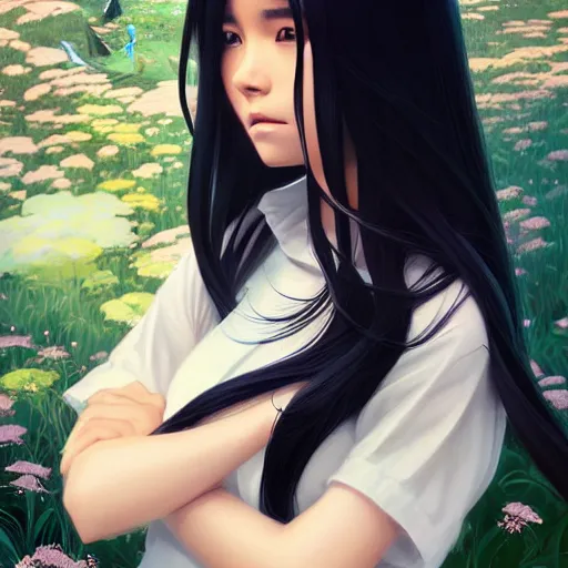 Image similar to a beautiful girl with long black hair, royal garden background, sharp focus, intricate, digital painting, artstation, highly detailed, ambient lighting, portrait by Studio Ghibli, Rossdraws, artgerm, Ilya Kuvshinov, and Greg Rutkowski