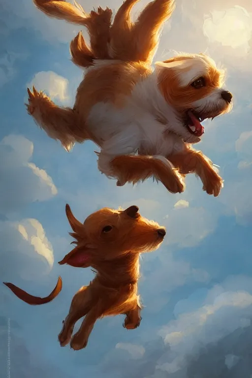 Image similar to adorable jack russel terrier jumping over a small house, fantasy art, artstation character design contest winner, trending on cgsociety, concept art, speedpaint, beautiful digital art, jesper ejsing, james jean, justin gerard, fenghua zhong, makoto shinkai, highly detailed