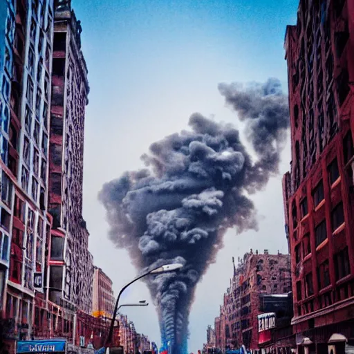 Prompt: dystopian, destroyed new york city, real, blue sky, smoke, red clouds, detailed, award winning, masterpiece, photograph, cinematic