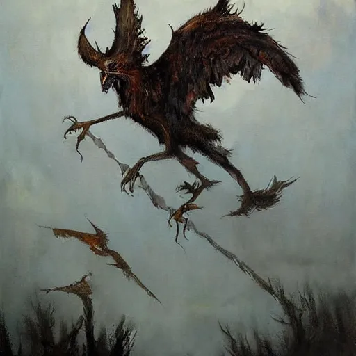 Image similar to an oil painting of a griffin by esao andrews. circa survive album cover art. dark. muted colors. gothic. oil painting with brush strokes. creepy.