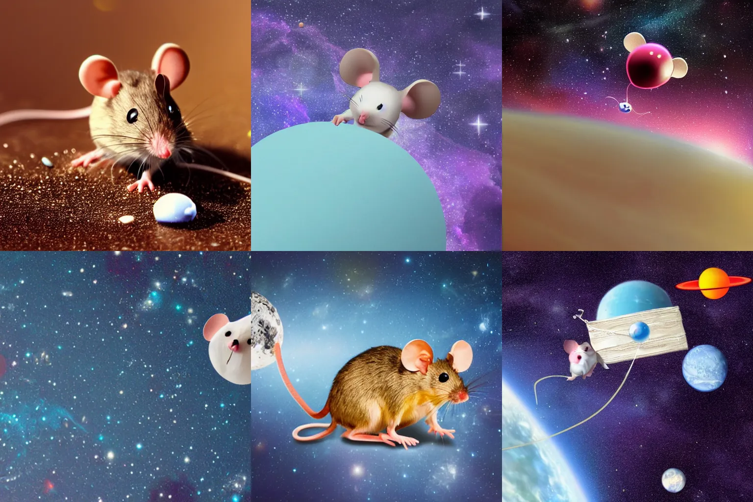 Prompt: a mouse stranded floating through space