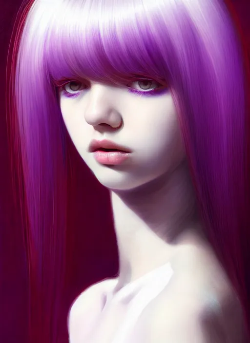 Image similar to hair whitebangs hair, black hair, whitebangs, portrait of teenage girl with white bangs, red irises, purple clothes, white bangs, bangs are different color from hair, intricate, elegant, glowing lights, highly detailed, digital painting, artstation, concept art, smooth, sharp focus, illustration, art by wlop, mars ravelo and greg rutkowski