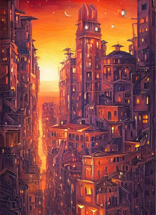 Image similar to ethereal starlit city at sunset, italian futurism, da vinci, hd, digital painting