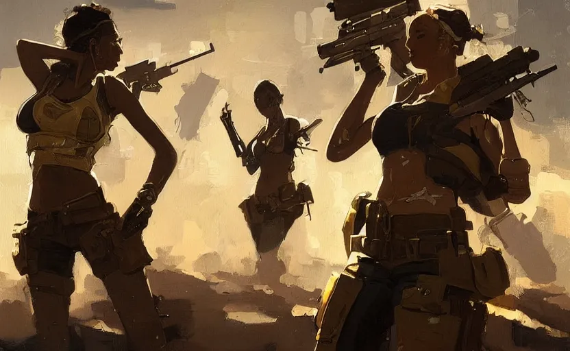 Image similar to a painting of gold, guns, and girls trending on artstation in the style of greg rutkowski