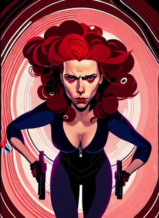 Prompt: rafeal albuquerque comic art, joshua middleton comic art, artgerm, cinematics lighting, night time, pretty scarlett johansson black widow, big smirk, symmetrical face, symmetrical eyes, long red hair, full symmetrical body, flying in the air, jumping off rooftop