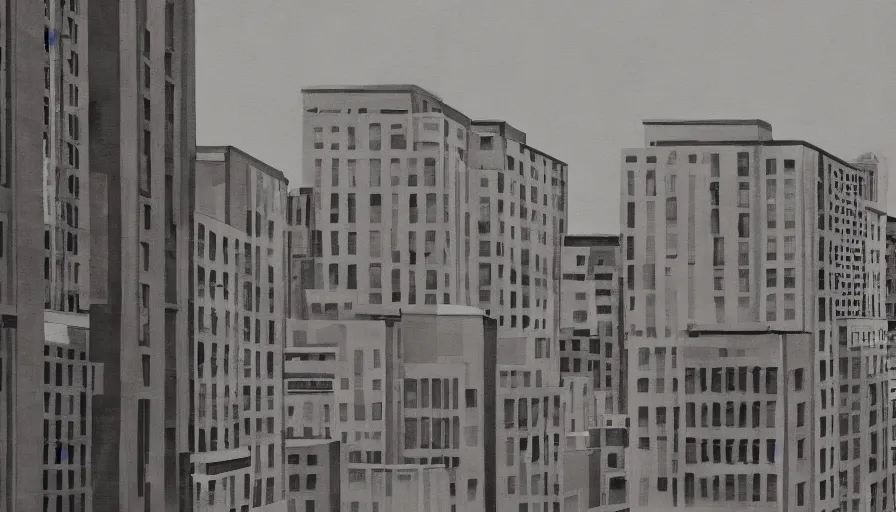 Image similar to american city, modern times, an apartment building, four stories high, with a huge water tank on the roof. the color of the picture is gray, and the painting style is realistic and retro