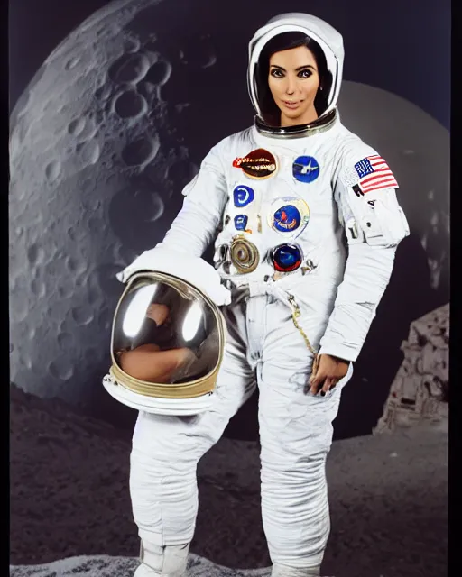 Prompt: film still kim kardashian wearing an astronaut uniform, on the moon, 5 0 mm.