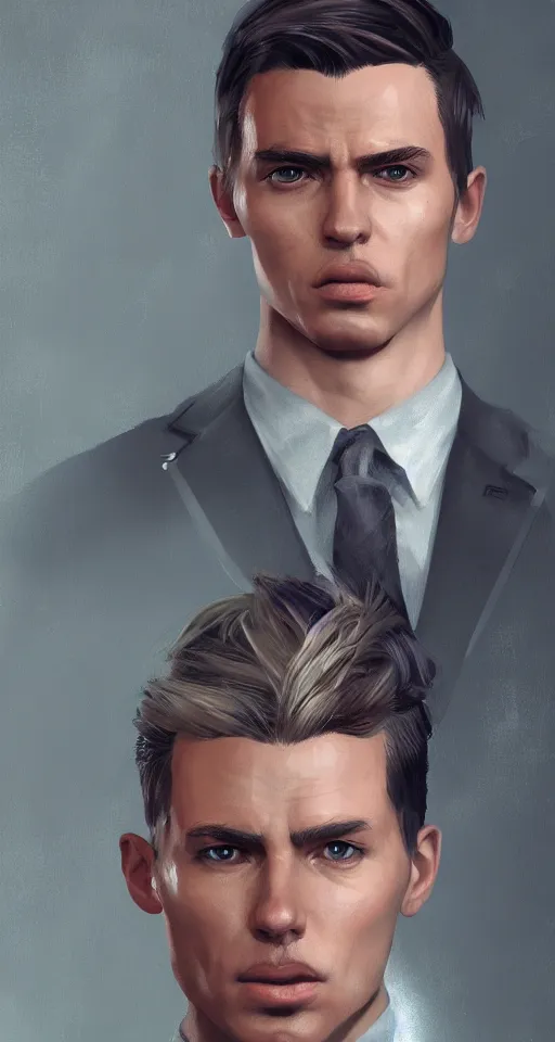 Image similar to portrait of a human like male alien wearing a suit, artstation, cgsociety