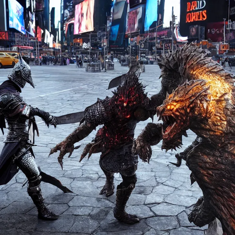 Prompt: A Dark Souls character fighting a scary monster in Times Square