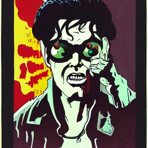 Prompt: zombie elvis, portrait by Mike Mignola, Moebius