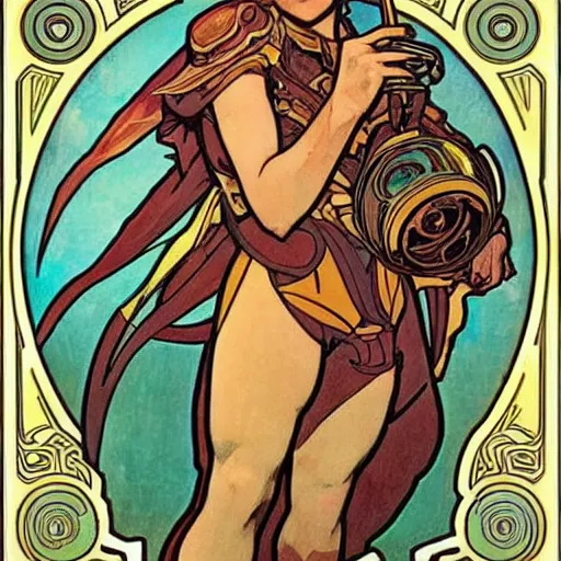 Image similar to Samus from Nintendo by Alphonse Mucha, high detail, peaceful colors