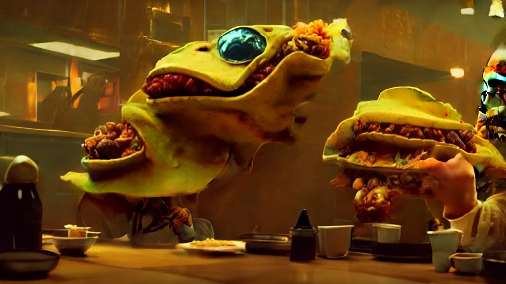 Prompt: the strange taco creature at the fast food place, film still from the movie directed by denis villeneuve and david cronenberg with art direction by salvador dali and zdzisław beksinski, wide lens