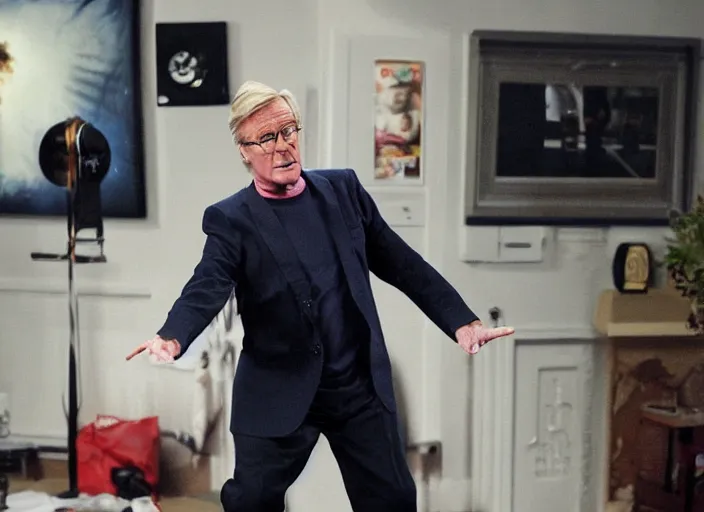 Prompt: action shot of ken barlow from coronation Street performing a hadouken like round from Street fighter, realistic, detailed, cinematic, concept art, digital art,