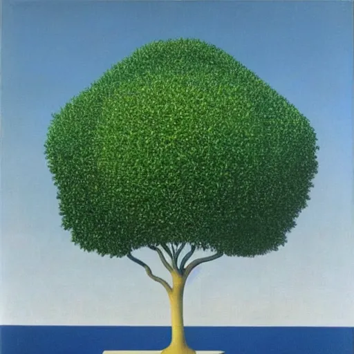 Image similar to A single bonzai tree, by Rene Magritte