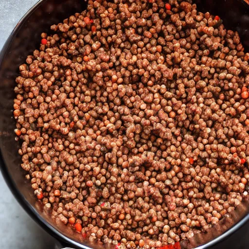 Prompt: a pot full of mince being mixed up, pov, 4 k