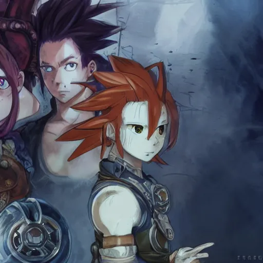 Image similar to steam punk, chrono trigger, detailed anime characters, starring crono, marle and ayla, vivid light, greg rutkowski, uhd, uhd uhd uhd, 8 k, shallow depth of field, intricate detail, concept art!