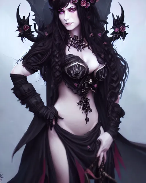 Image similar to dark sorceress in beautiful dress surrounded by black roses horns and skulls, cushart krenz, very detailed, realistic face, detailed face, matte, tonemapping, bbwchan, perfection, 4 k, cushart krenz