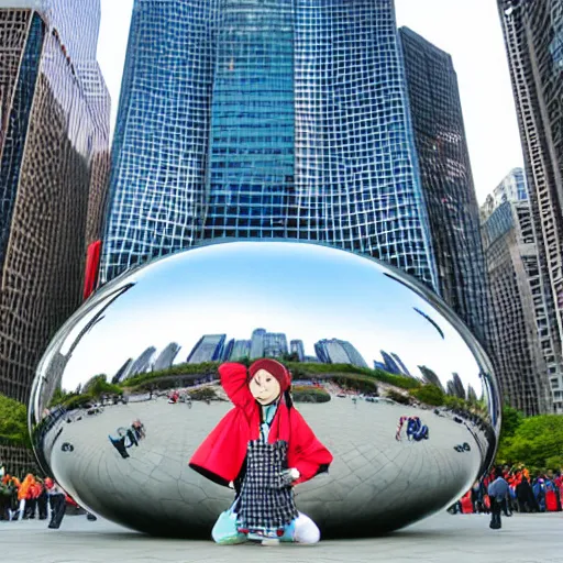 Prompt: Tsukasa from Lucky Star manga style at Chicago Cloud Gate