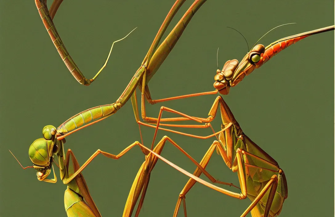 Prompt: implied lines, 4 k criterion collection remastered cinematography a praying mantis eating a dragonfly, photo realistic postprocessing interpolated by syd mead, claude gellee painting by james audubon